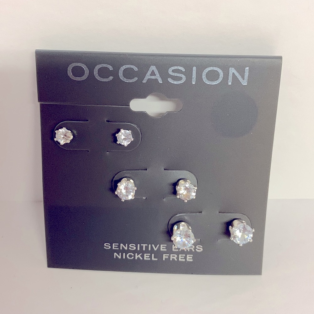 Occasion Silver Tone Crystal Gem Stud Earrings Set of 3 Bundle Christmas Gift